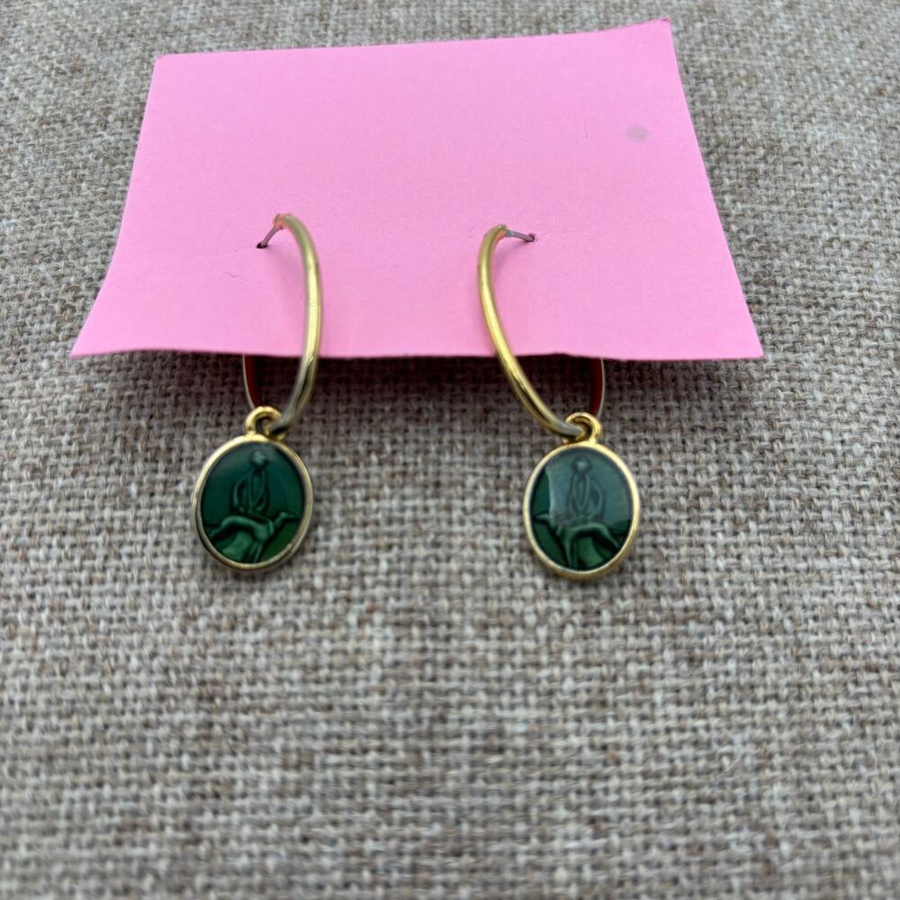 Vintage Liz Claiborne Green Enamel Cameo Hoop Earrings Drop Medallion Signed LCI
